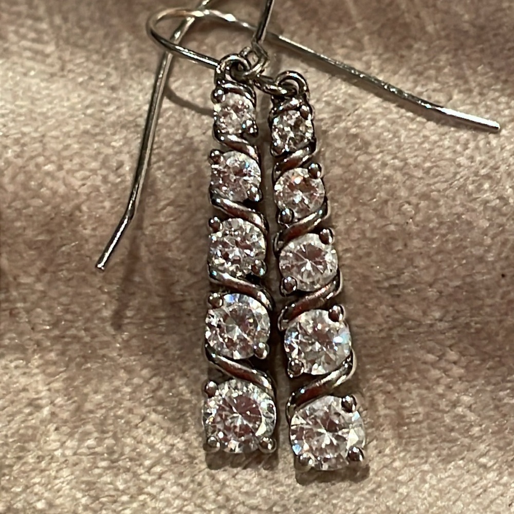 Sterling Silver 925 CZ 5 Diamond Long Earrings